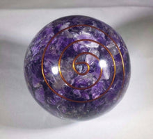 Load image into Gallery viewer, LARGE (60-70mm) AMETHYST Orgone Gemstone Sphere Orgone Sphere
