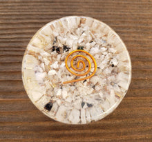 Load image into Gallery viewer, ORGONE RAINBOW MOONSTONE Gemstone Sphere Stand And Worry Stone