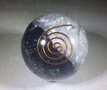 Load image into Gallery viewer, LARGE (60-70mm) SELENITE/TOURMALINE stone Orgone Gemstone Sphere Orgone Sphere