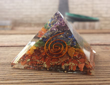 Load image into Gallery viewer, LARGE (50-55mm) 7 CHAKRA Layered Orgone Gemstone Pyramid Large Pyramid Orgone