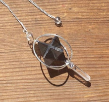 Load image into Gallery viewer, Natural BLACK AGATE GEMSTONE 3 Stone Merkaba Spinning Star Faceted Pendulum