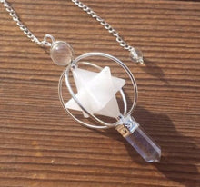 Load image into Gallery viewer, Natural WHITE AGATE GEMSTONE 3 Stone Merkaba Spinning Star Faceted Pendulum