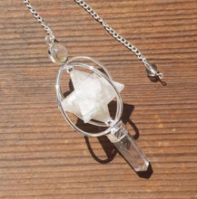 Load image into Gallery viewer, Natural RAINBOW MOONSTONE Gemstone 3 Stone Merkaba Spinning Star Faceted Pendulum