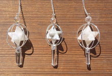 Load image into Gallery viewer, Natural RAINBOW MOONSTONE Gemstone 3 Stone Merkaba Spinning Star Faceted Pendulum