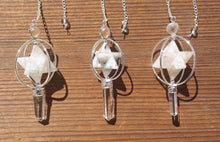Load image into Gallery viewer, Natural RAINBOW MOONSTONE Gemstone 3 Stone Merkaba Spinning Star Faceted Pendulum
