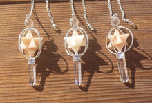Load image into Gallery viewer, Natural MOONSTONE Gemstone 3 Stone Merkaba Spinning Star Faceted Pendulum