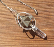 Load image into Gallery viewer, Natural PYRITE Gemstone 3 Stone Merkaba Spinning Star Faceted Pendulumn