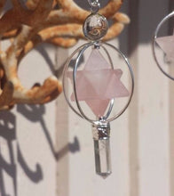 Load image into Gallery viewer, Natural ROSE QUARTZ Gemstone 3 Stone Merkaba Spinning Star Faceted Pendulum