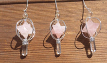 Load image into Gallery viewer, Natural ROSE QUARTZ Gemstone 3 Stone Merkaba Spinning Star Faceted Pendulum