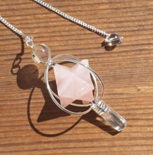 Load image into Gallery viewer, Natural ROSE QUARTZ Gemstone 3 Stone Merkaba Spinning Star Faceted Pendulum
