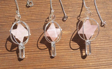 Load image into Gallery viewer, Natural ROSE QUARTZ Gemstone 3 Stone Merkaba Spinning Star Faceted Pendulum