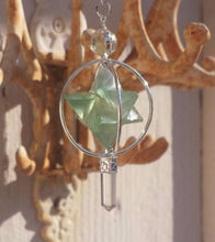 Load image into Gallery viewer, Natural GREEN FLUORITE Gemstone 3 Stone Merkaba Spinning Star Faceted Pendulum