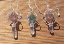 Load image into Gallery viewer, Natural FLUORITE Gemstone 3 Stone Merkaba Spinning Star Faceted Pendulum