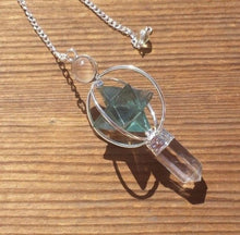 Load image into Gallery viewer, Natural FLUORITE Gemstone 3 Stone Merkaba Spinning Star Faceted Pendulum