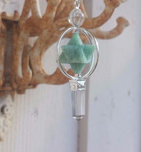 Load image into Gallery viewer, Natural AMAZONITE Gemstone 3 Stone Merkaba Spinning Star Faceted Pendulum