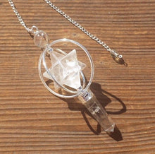 Load image into Gallery viewer, Natural CLEAR QUARTZ Gemstone 3 Stone Merkaba Spinning Star Faceted Pendulum
