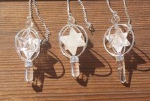 Load image into Gallery viewer, Natural CLEAR QUARTZ Gemstone 3 Stone Merkaba Spinning Star Faceted Pendulum