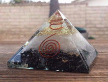 Load image into Gallery viewer, Extra Large (70-75mm) BLACK TOURMALINE/SELENITE  Orgone Gemstone Pyramid X-Large Pyramid Orgone