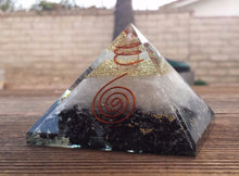 Load image into Gallery viewer, Extra Large (70-75mm) BLACK TOURMALINE/SELENITE  Orgone Gemstone Pyramid X-Large Pyramid Orgone