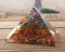Load image into Gallery viewer, LARGE (50-55mm) 7 CHAKRA Layered Orgone Gemstone Pyramid Large Pyramid Orgone