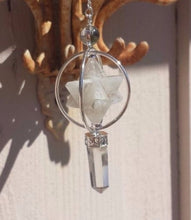 Load image into Gallery viewer, Natural RAINBOW MOONSTONE Gemstone 3 Stone Merkaba Spinning Star Faceted Pendulum