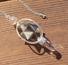 Load image into Gallery viewer, Natural PYRITE Gemstone 3 Stone Merkaba Spinning Star Faceted Pendulumn