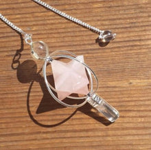 Load image into Gallery viewer, Natural ROSE QUARTZ Gemstone 3 Stone Merkaba Spinning Star Faceted Pendulum