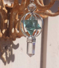 Load image into Gallery viewer, Natural FLUORITE Gemstone 3 Stone Merkaba Spinning Star Faceted Pendulum