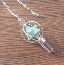 Load image into Gallery viewer, Natural AMAZONITE Gemstone 3 Stone Merkaba Spinning Star Faceted Pendulum