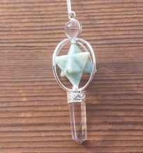 Load image into Gallery viewer, Natural AMAZONITE Gemstone 3 Stone Merkaba Spinning Star Faceted Pendulum