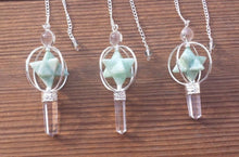 Load image into Gallery viewer, Natural AMAZONITE Gemstone 3 Stone Merkaba Spinning Star Faceted Pendulum