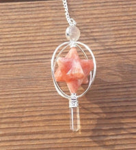 Load image into Gallery viewer, Natural SUNSTONE Gemstone 3 Stone Merkaba Spinning Star Faceted Pendulum