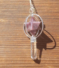 Load image into Gallery viewer, Natural LEPIDOLITE Gemstone 3 Stone Merkaba Spinning Star Faceted Pendulum