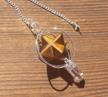 Load image into Gallery viewer, Natural TIGER EYE Gemstone 3 Stone Merkaba Spinning Star Faceted Pendulum
