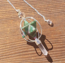 Load image into Gallery viewer, Natural RUBY IN FUCHSITE Gemstone 3 Stone Merkaba Spinning Star Faceted Pendulum