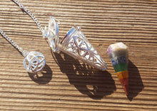 Load image into Gallery viewer, TRIQUETRA CAGE PENDULUM with Chakra Bonded Cone Gemstone