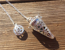 Load image into Gallery viewer, TRIQUETRA CAGE PENDULUM with Chakra Bonded Cone Gemstone