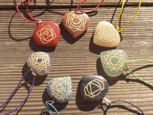 Load image into Gallery viewer, 7 CHAKRA Gemstone Engraved Heart Pendant Set With Cords