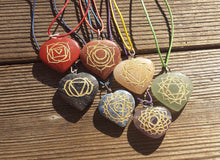 Load image into Gallery viewer, 7 CHAKRA Gemstone Engraved Heart Pendant Set With Cords