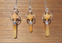 Load image into Gallery viewer, FULL GOLDEN QUARTZ Gemstone 3 Stone Merkaba Spinning Star Faceted Pendulum