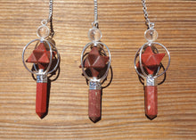 Load image into Gallery viewer, FULL RED JASPER Gemstone 3 Stone Merkaba Spinning Star Faceted Pendulum