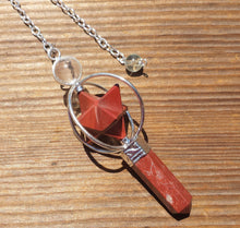 Load image into Gallery viewer, FULL RED JASPER Gemstone 3 Stone Merkaba Spinning Star Faceted Pendulum