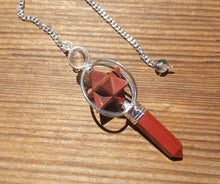 Load image into Gallery viewer, FULL RED JASPER Gemstone 3 Stone Merkaba Spinning Star Faceted Pendulum