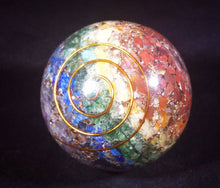 Load image into Gallery viewer, HUGE (60-65mm) 7 CHAKRA Layered Orgone Gemstone Sphere Extra Large Sphere Orgone