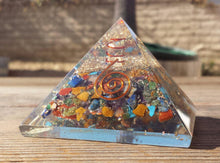 Load image into Gallery viewer, Large (50-55mm) 7 CHAKRA MIXED STONE Orgone Gemstone Pyramid Large Pyramid Orgone