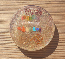 Load image into Gallery viewer, GOLDEN 7 CHAKRA  Orgone Gemstone Disk Charging Plate with OM Symbol