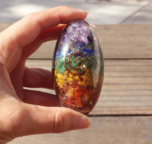 Load image into Gallery viewer, LARGE 7 CHAKRA Layered ORGONE Gemstone Lingam Lingham 3 to 3.5 Inch