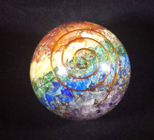 Load image into Gallery viewer, HUGE (60-65mm) 7 CHAKRA Layered Orgone Gemstone Sphere Extra Large Sphere Orgone