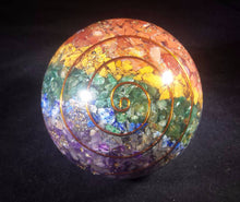 Load image into Gallery viewer, HUGE (80-85mm) 7 CHAKRA Layered Orgone Gemstone Sphere Extra Large Sphere Orgone