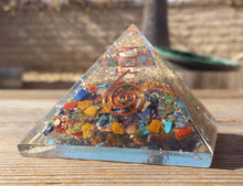 Load image into Gallery viewer, Large (50-55mm) 7 CHAKRA MIXED STONE Orgone Gemstone Pyramid Large Pyramid Orgone